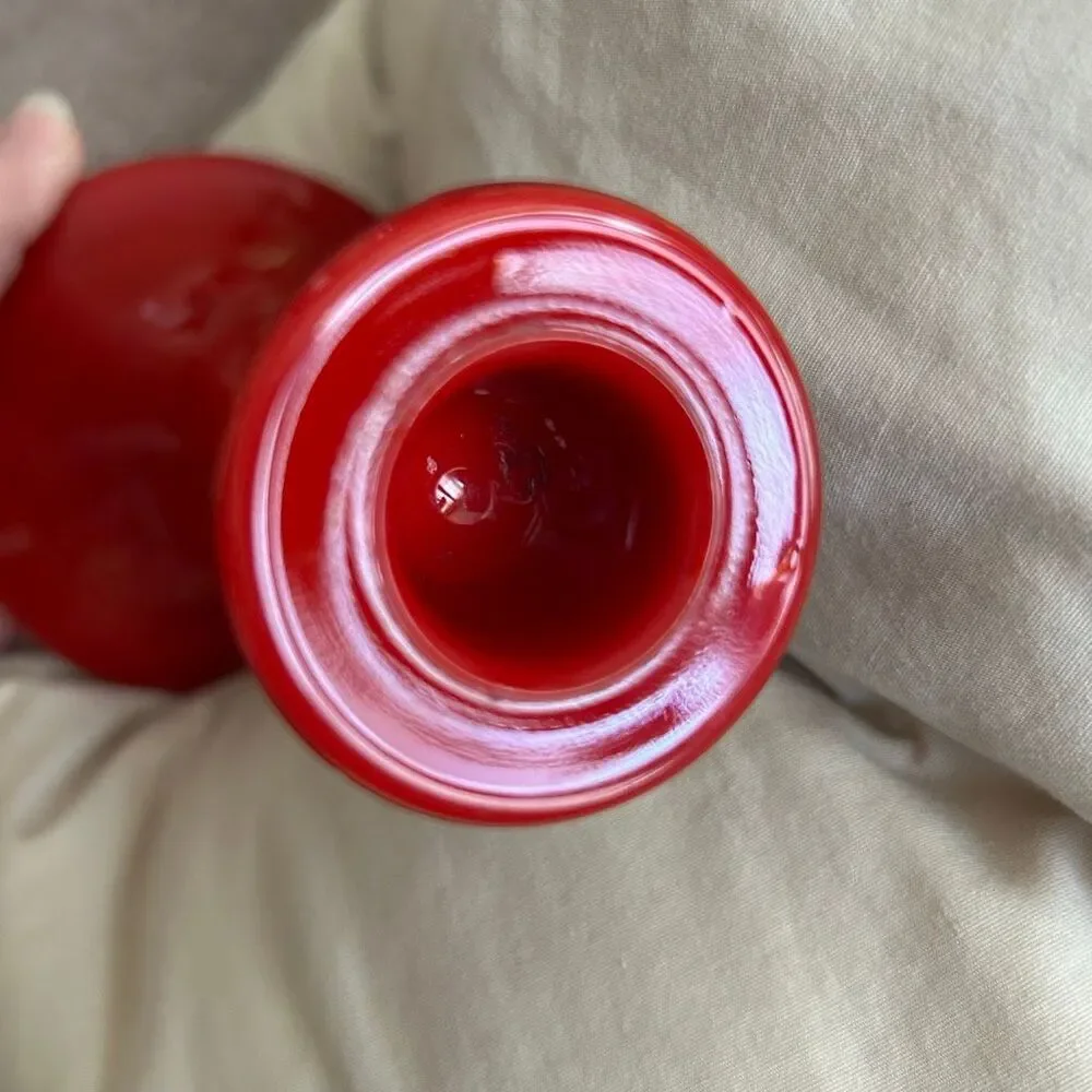 1920’s Northwood Glass Chinese Coral Red Candlestick Rainbow Line Cadmium UV Glo
